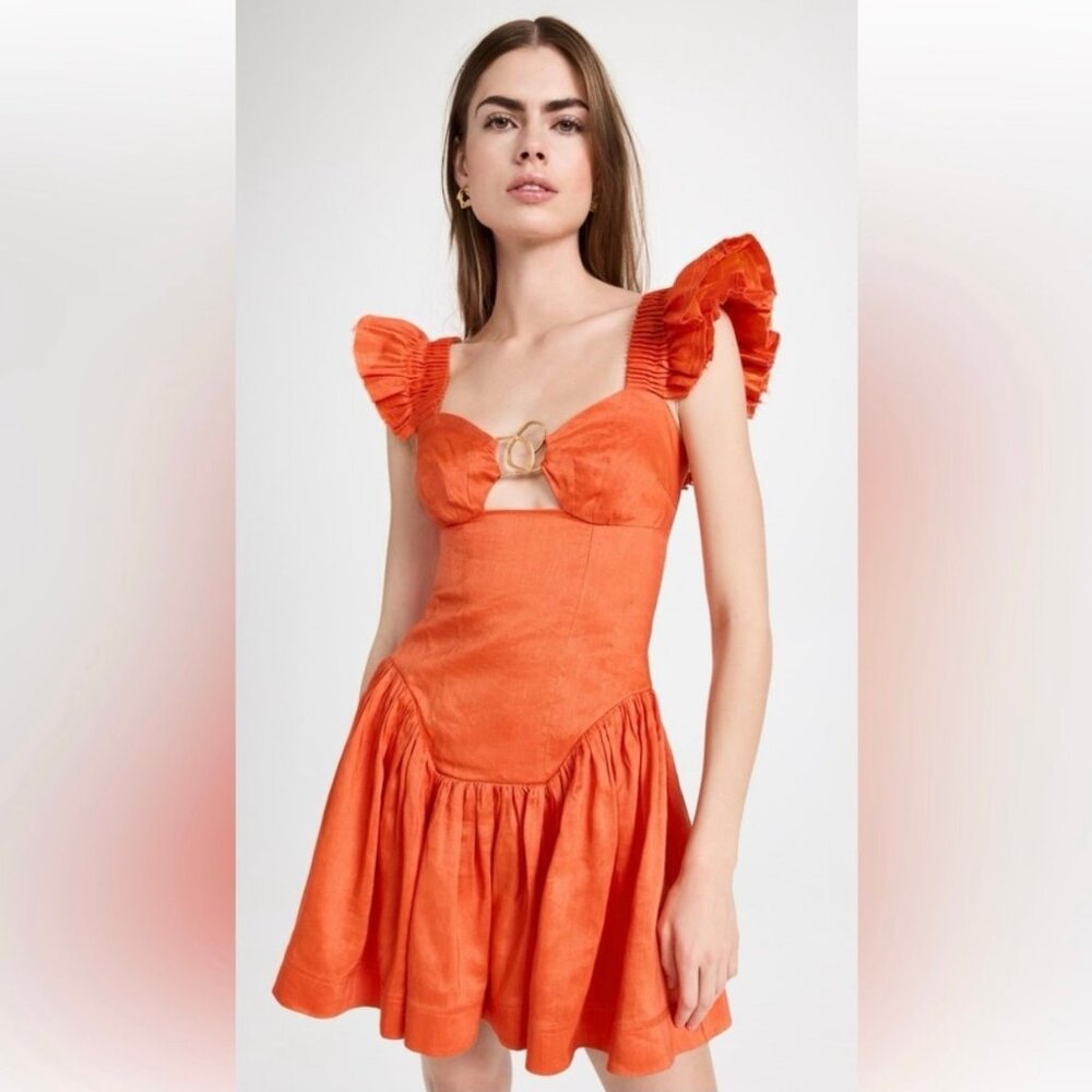 Aje Orange Mini Dress with Ruffled Sleeves